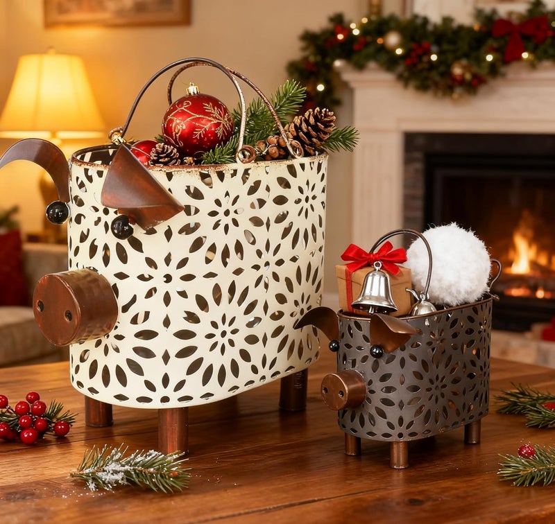 Zoreal Metal Decorative Small Baskets,Narrow Baskets with Handles for Storage,Pig Designs Farmhouse Cute Basket for Kitchen,Bathroom,Livingroom,Office Shelf Decor Aesthetic set of 2 - Image 3